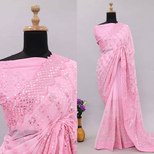 Silk chikankari work saree in rose pink colour