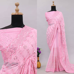 Silk chikankari work saree in rose pink colour