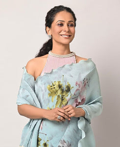 Sky blue chinon pleating saree