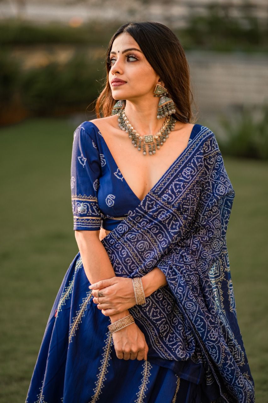 Blue printed silk Lehenga