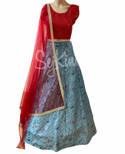 Partywear: Baby blue & red sequinned blouse