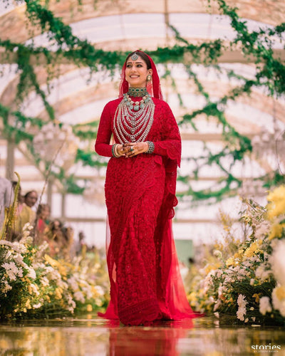 Red rangeela chain stitch saree