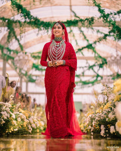 Red rangeela chain stitch saree