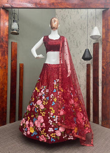 Deep red floral and sequins Lehenga