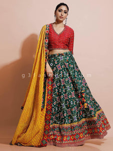 Printed silk Lehenga - red and green