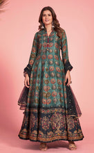 Peacock green Kalamkari print silk gown readymade