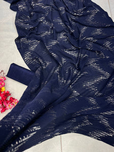 Partywear navy blue and silver zigzag sequins saree