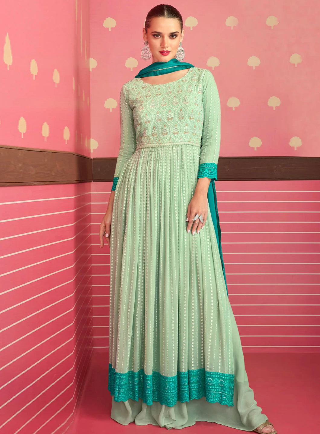 Janisha - Green Georgette embroidered palazzos