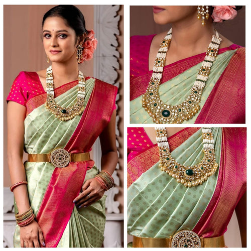 Kanchipuram mint green and pink saree