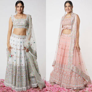 Blush pink and colourful Lehenga with thread embroidery