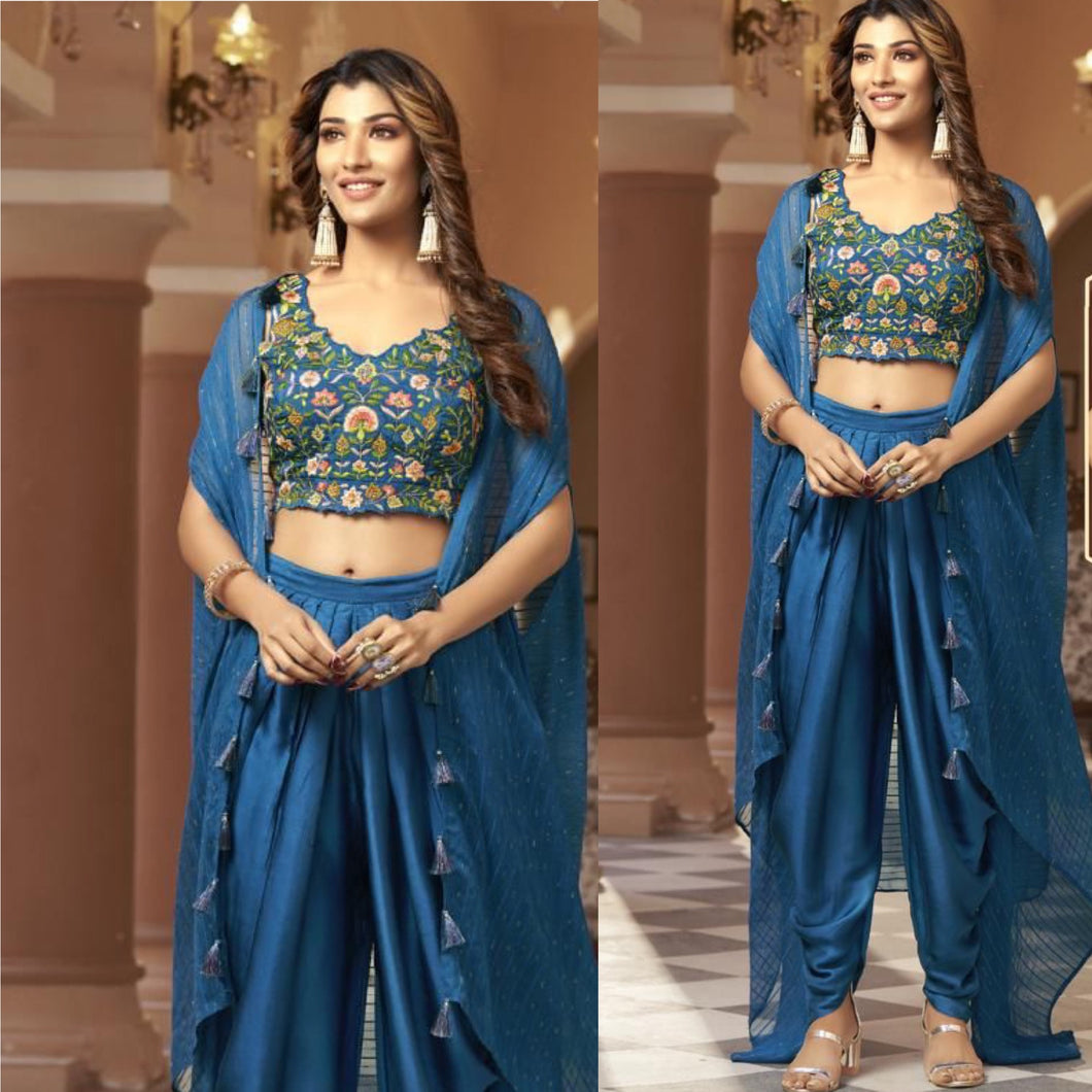 Blue 3 piece dhoti suit with shrug