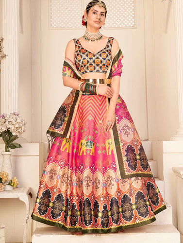 Multi colour rera silk printed lehengas