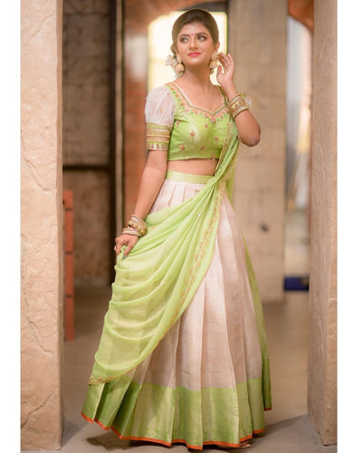 White and lime green silk Lehenga