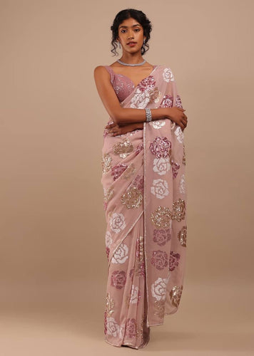 Partywear peachy pink saree