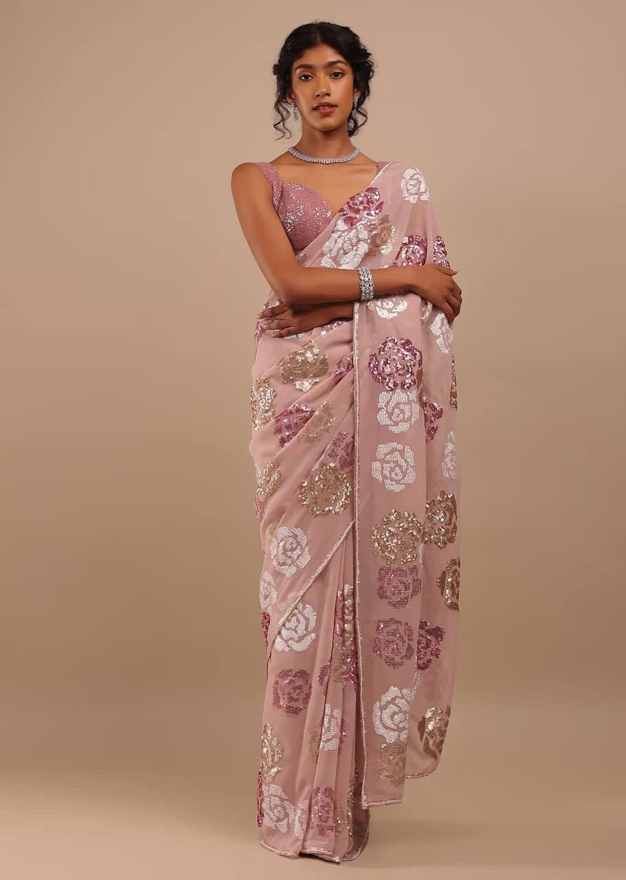 Partywear peachy pink saree