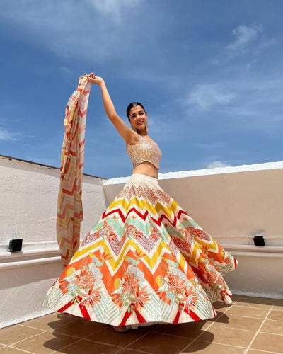 Satin chevron multi colour printed Lehenga