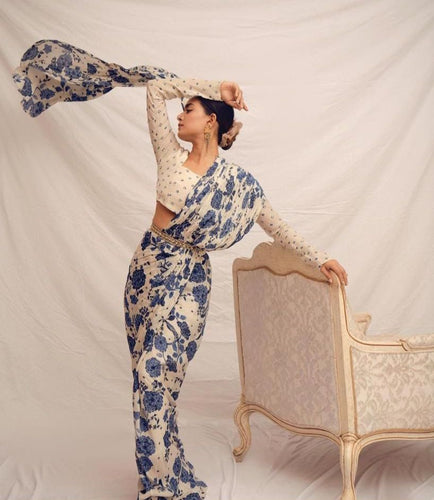 Blue floral satin silk saree