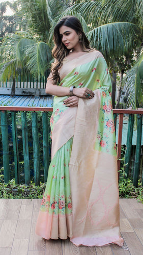 Lime green floral saree