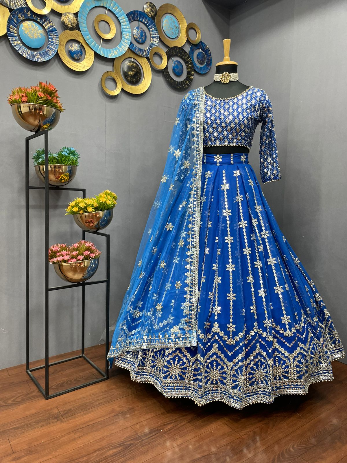 Buy Electric Blue Sequins Work Net Designer Lehenga Choli From Ethnic Plus