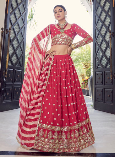 Kavya catalogue: Coral red gotta patti Lehenga