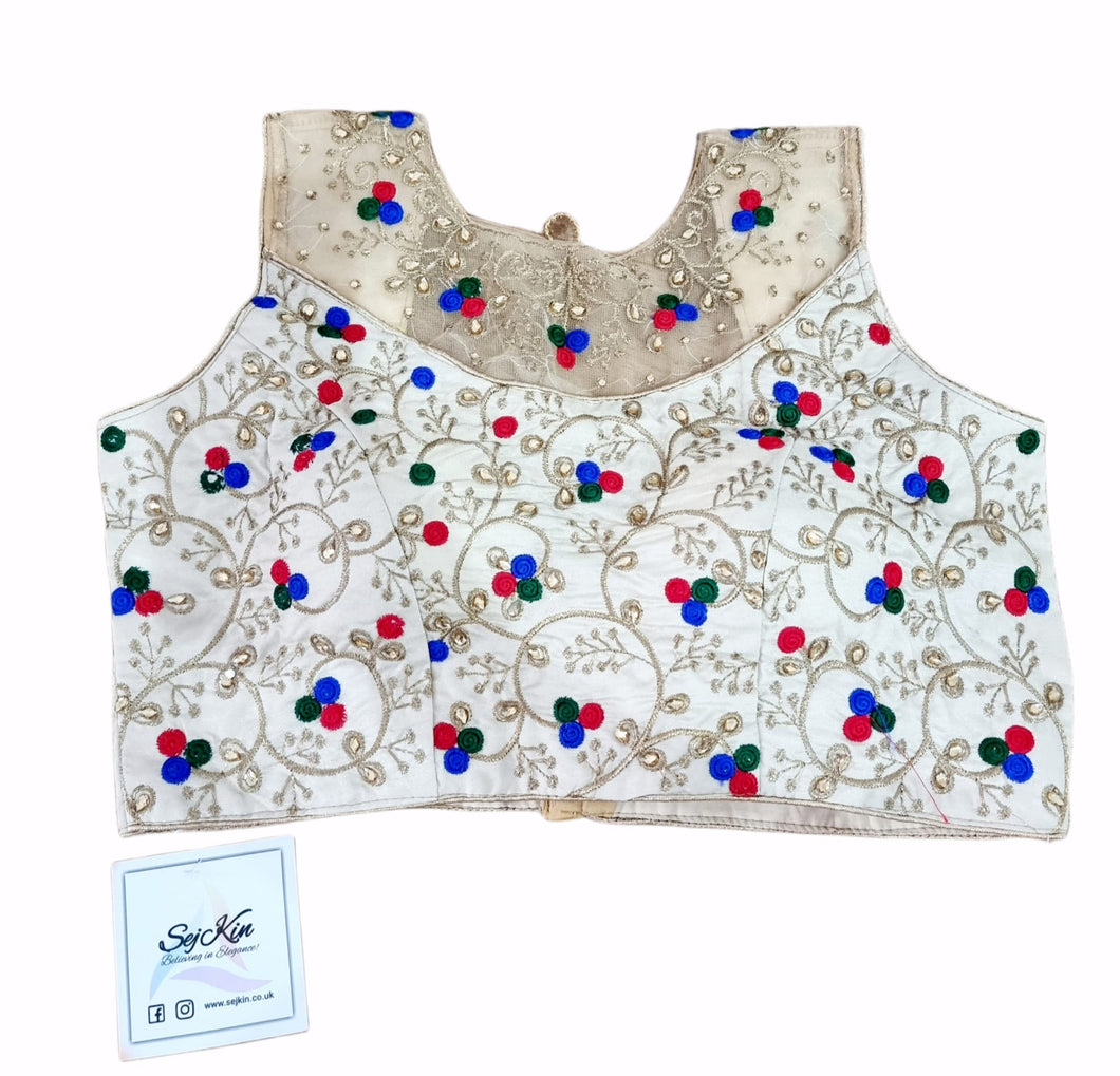 Gold floral with red, blue and green thread work blouse