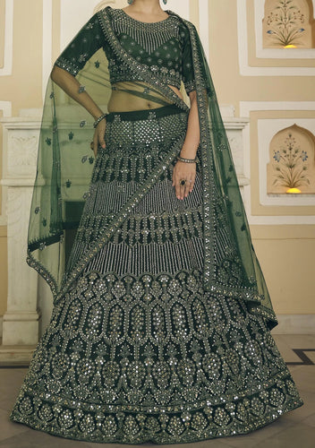 Glossy catalogue: Green mirror work lehenga