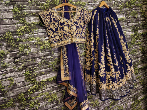 Navy blue and gold floral silk Lehenga
