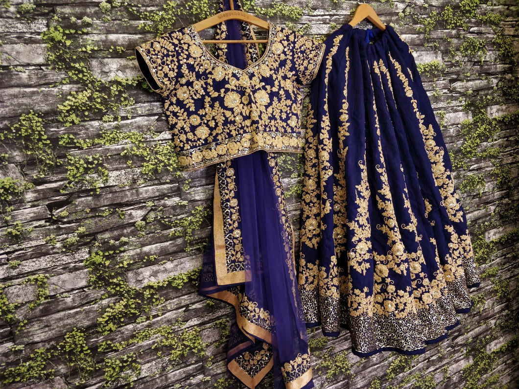 Navy blue and gold floral silk Lehenga