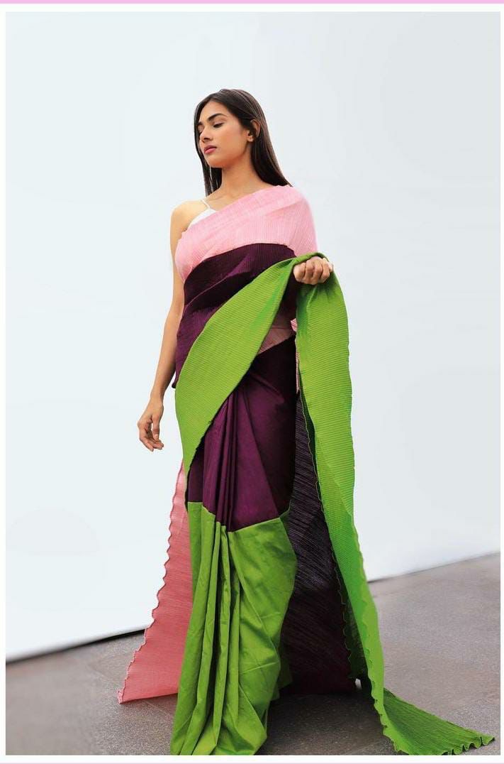 Silk crush tri-colour saree