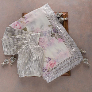 White and silver floral saree