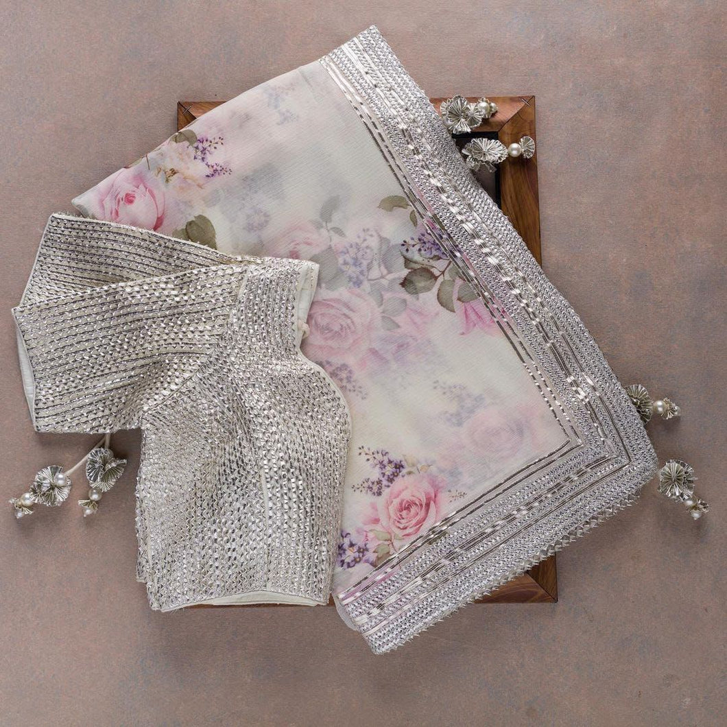White and silver floral saree