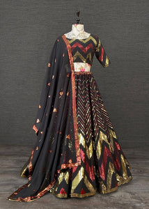 Black Lehenga with red and gold sequins