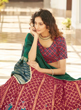Deep pink and green peacock Lehenga