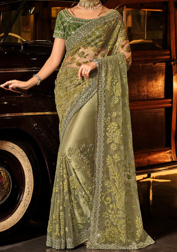 Swarovski designer saree collection: mehendi green net saree