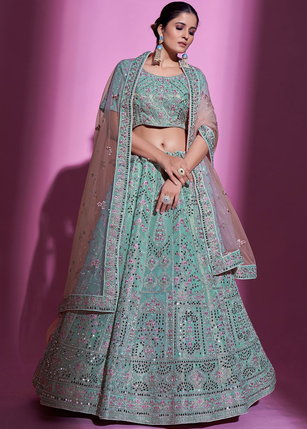 Sage green embroidered silk Lehenga