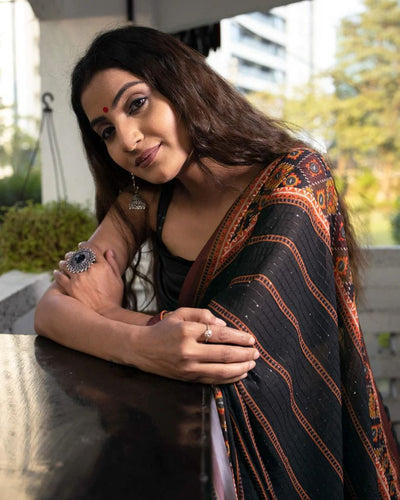 Black crochet sequins saree