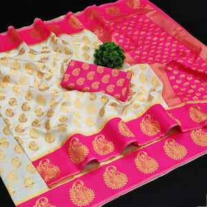 Bright pink soft lichi silk saree