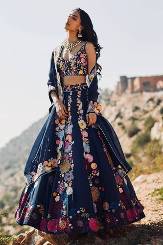 Navy blue floral Lehenga
