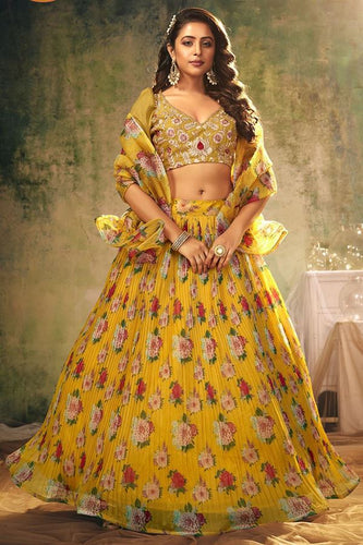 Organza crush Lehenga - Trendy floral yellow