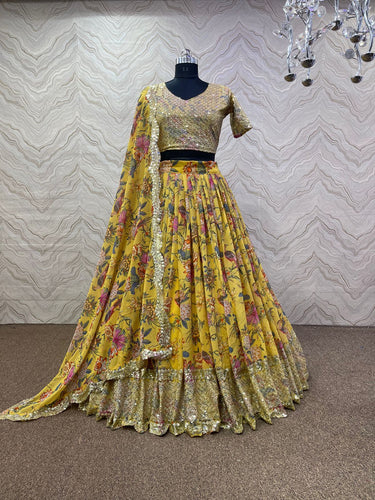 Yellow Lehenga - Floral and bird digital print Lehenga