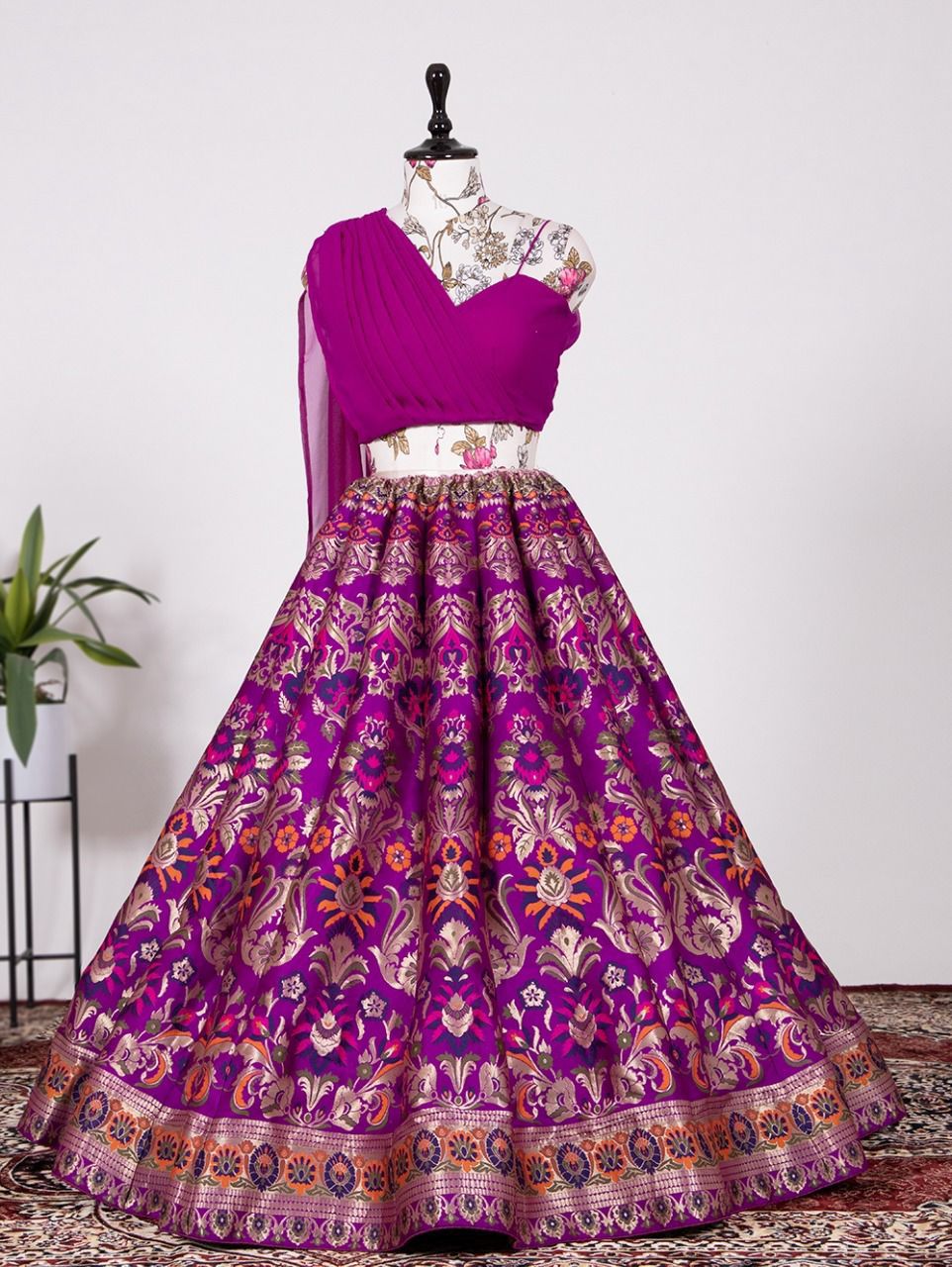 New colour - Indo western: magenta sweetheart banarasi Lehenga (waist 34 inches)