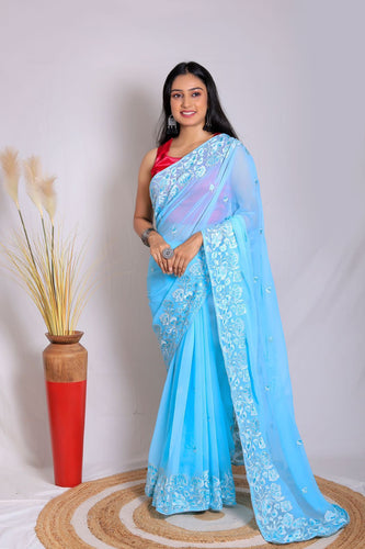 Baby blue embroidered saree