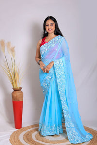 Baby blue embroidered saree
