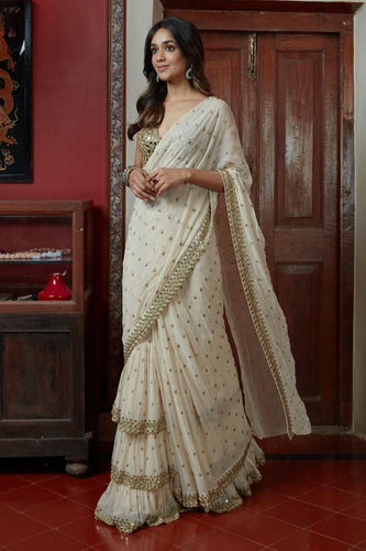 Hand embroidered ivory 3 layer ruffle saree