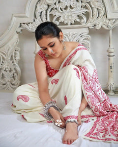 Off white and red thread work saree