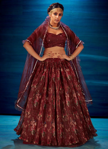Organza crush - Trendy deep red floral Lehenga