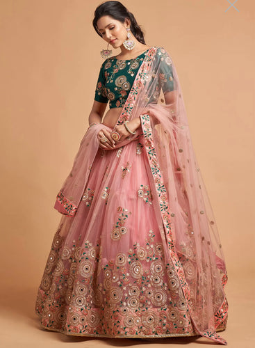 Peach net floral Lehenga
