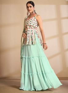 Georgette stitched thread and sequinned lehenga - sea green