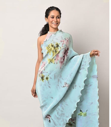 Sky blue chinon pleating saree