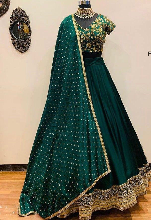 Emerald green and gold silk Lehenga